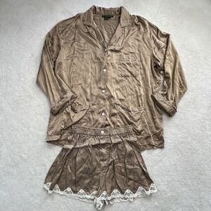 Donna Karan Women's L 100% Silk Pajama Set Soft Brown Top And Shorts